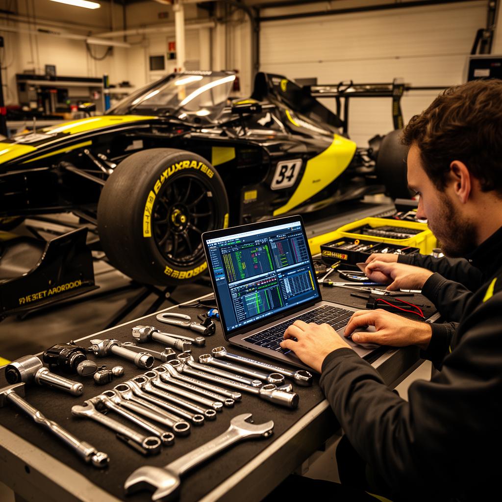 Technician reviewing diagnostics next to a prepared race car in a motorsport workshop.