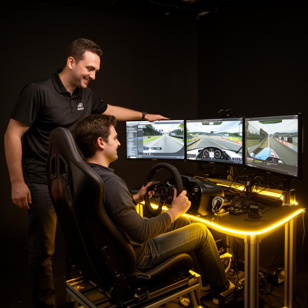 Instructor coaching a seated driver on a triple-screen racing simulator with yellow lighting.