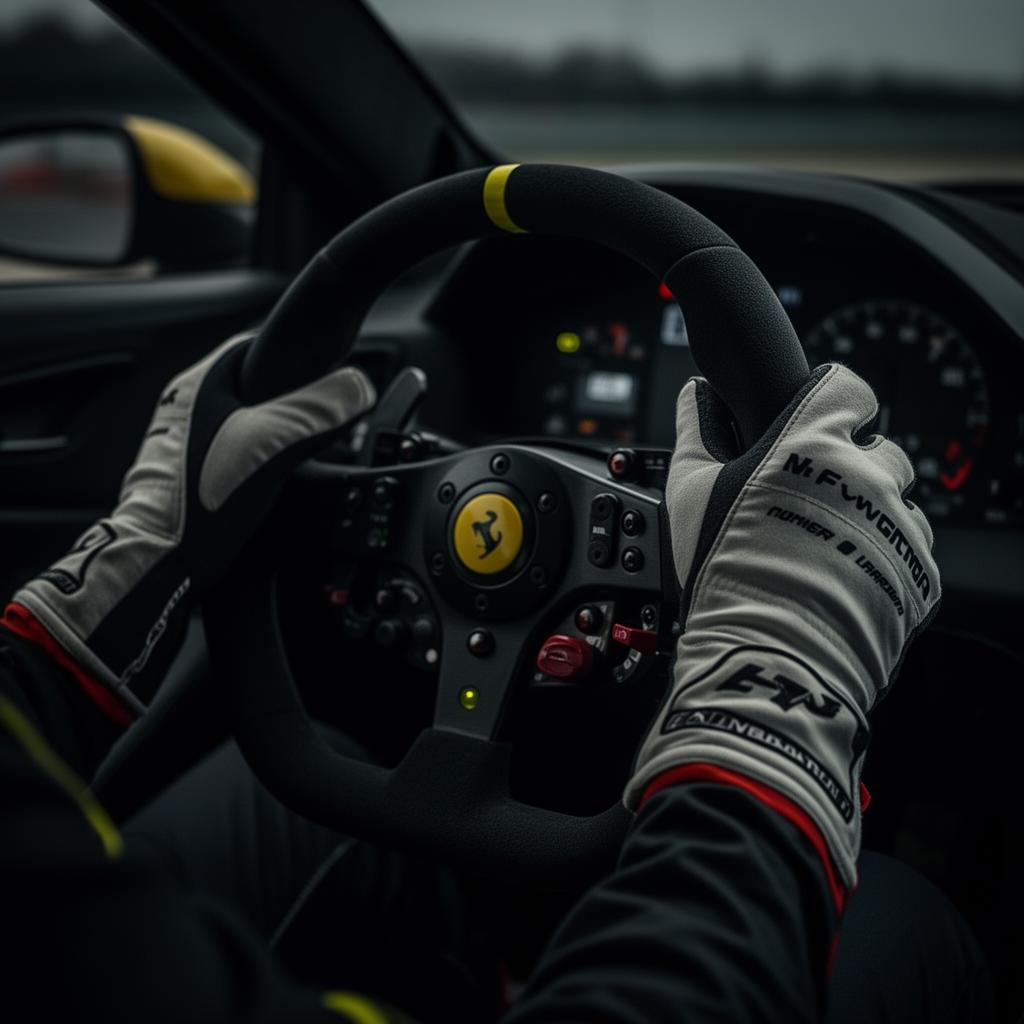 Close-up of race-gloved hands on a motorsport steering wheel.