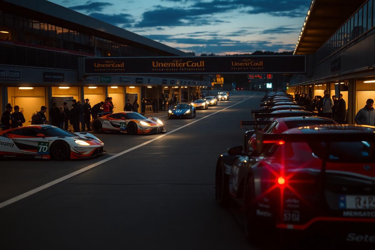 Respectful endurance racing scene at dusk with paddock lighting and race cars.