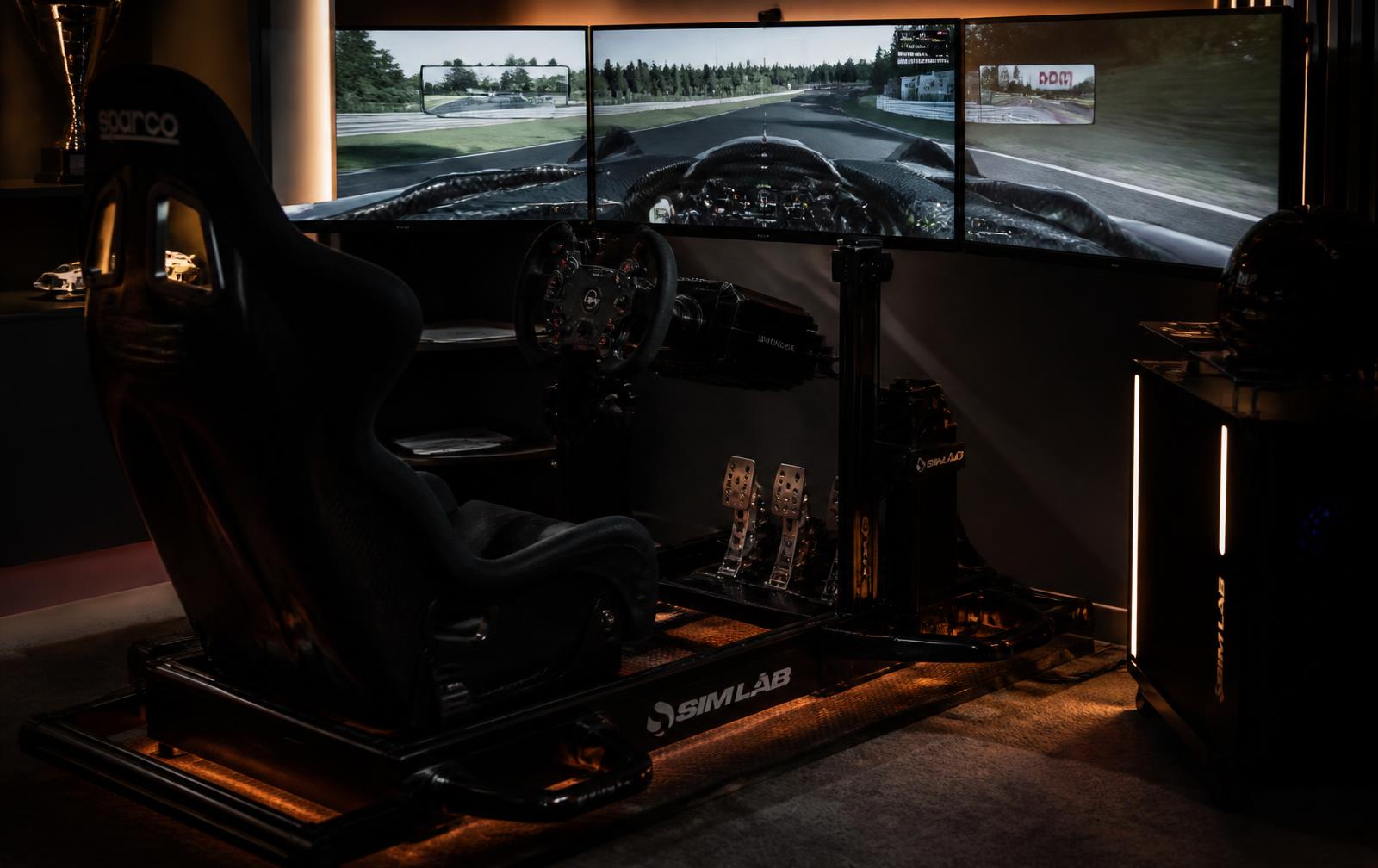 Premium home racing simulator with direct-drive wheel and triple screens